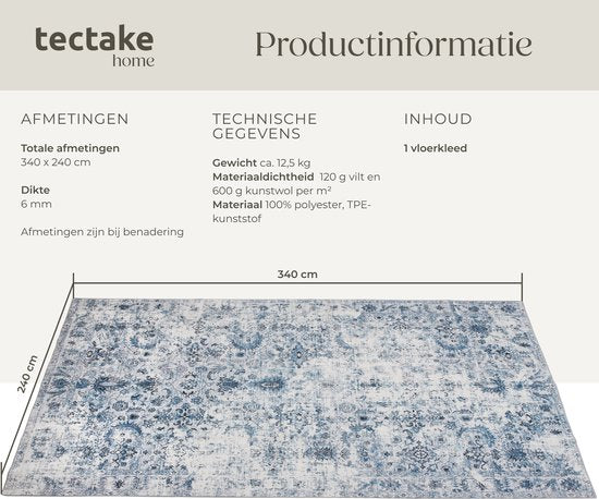tectake Teppich im Vintage-Design - Niederflorteppich - Boho-Teppich - Für Wohnzimmer, Schlafzimmer, Kinderzimmer oder Jugendzimmer - Waschbar - 240cm x 340cm - blau