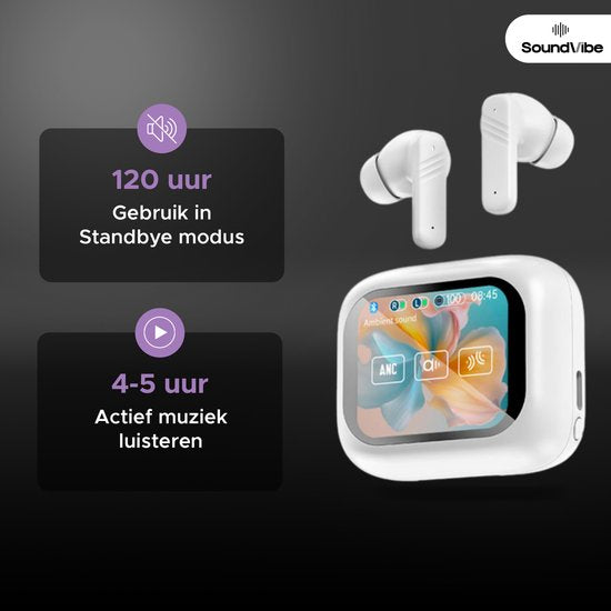 SoundVibe® - Kabellose Ohrhörer mit Geräuschunterdrückung - Weiß - Bluetooth-Ohrhörer - Kopfhörer mit Geräuschunterdrückung - LX-10 Earpods mit Bildschirm - Funktioniert mit Apple und Android - Earpods USB C - Kabellose Ohrhörer - Drahtlose Ohrhörer