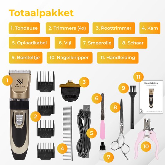 Nuvance - Hundeschermaschine - Set - Geräuschlos - Kabellos - für Hund & Katze - Professioneller Hundetrimmer