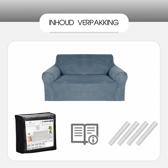 Hilvard - Sofabezug 2-Sitzer Sofas - (145 - 175 cm) - Steinblau - Samt - Stretch - Sofaschoner - Möbelbezug - Gegen Schäden und Flecken - Sitzbezug - Sitzbezug