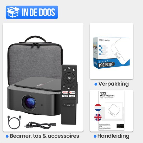 Strex Beamer - Smart 1080P Full HD Projektor - 4K Unterstützung - WiFi & Bluetooth - Eingebaute Lautsprecher - Tragbarer Mini Beamer Heimkino - WhaleOS - Inklusive Aufbewahrungstasche