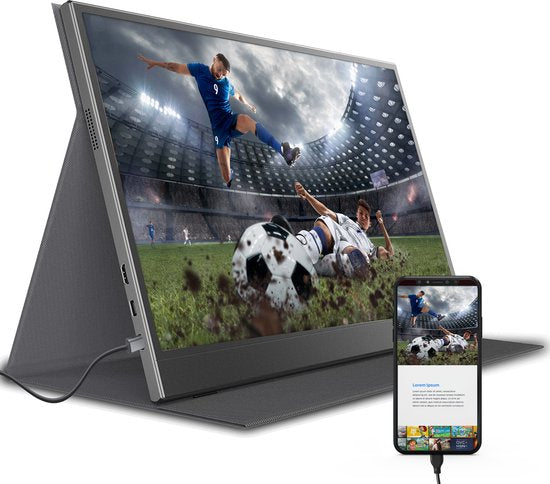 Tragbarer Monitor von Denver - Full HD - 15,6" - Tragbarer Monitor - Ledertasche - HDMI - USB-C - PMO15604