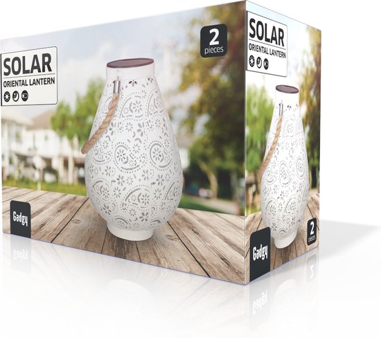 Gadgy Solar Laterne Matt Weiß - 2er Set - Solar Gartenleuchte - Led Außenleuchte mit Tag/Nacht Sensor - Tischlampe - Hängelampe - Gartenlaterne - Metall - 23 x Ø 17,5 cm