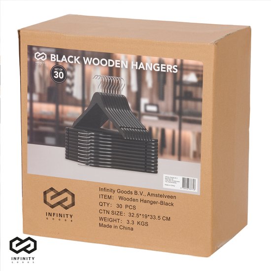 Infinity Goods 30 Houten Kledinghangers Zwart - Kleerhanger - Inkeping en Broeklat - Metalen Haak - Volwassenen - 30 Stuks - Zwart