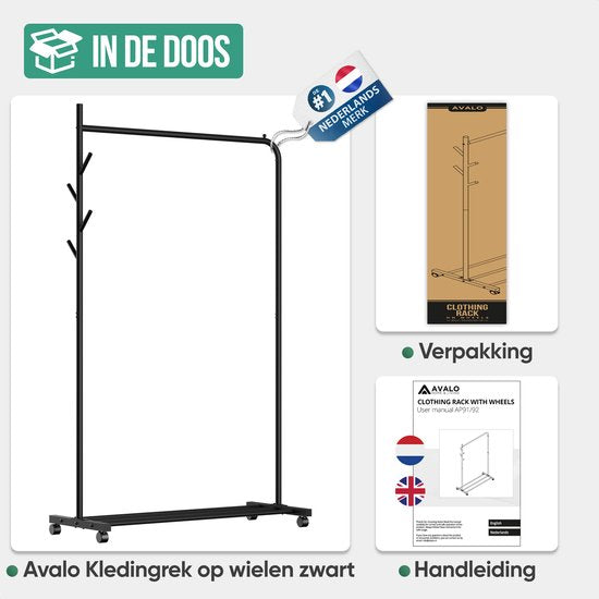Avalo Kleiderständer auf Rädern Schwarz - Metall - 100x40x156 - Aufbewahrung für Schuhe