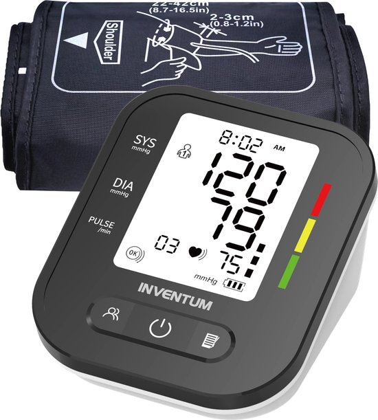 Inventum BDA435 - Oberarm-Blutdruckmessgerät - Herzfrequenzmessgerät - Manschette 22 bis 42 cm - Vollautomatisch - Unregelmäßiger Herzschlag - Inklusive Batterien