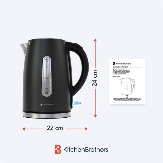 KitchenBrothers Wasserkocher - Elektrisch - 1,7L - 2200W - Edelstahl-Wasserkocher - Schwarz