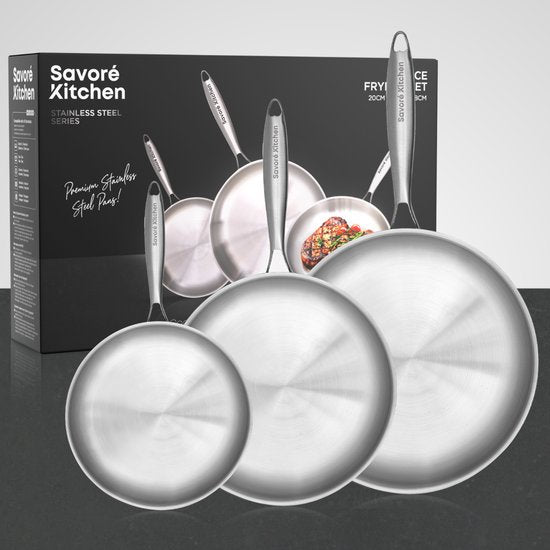 Savoré Kitchen 3-teiliges Bratpfannen-Set aus Edelstahl - Ø 20, 24, 28 cm Pfannen - Induktion - Pfanne - Bratpfannen - Pfannen-Sets - Bratpfannen-Set