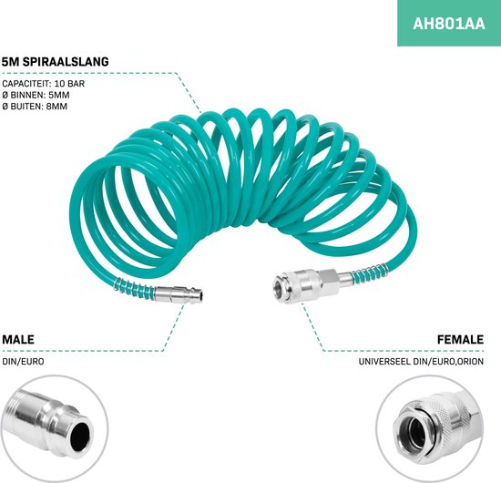 VONROC Spiralschlauch 5m - Luftschlauch für Kompressor - Universalkupplungen - DIN/EURO Ma-le - DIN/EURO/ORION Female - 10 bar