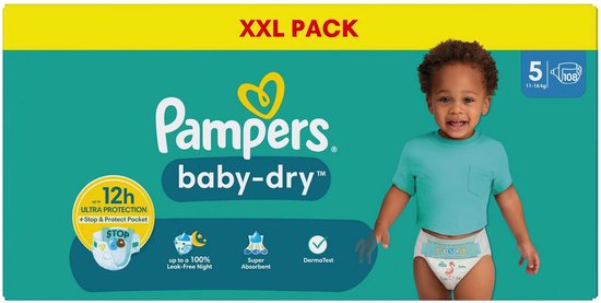 Pampers Baby-Dry Windeln – Größe 5 (11–16 kg) – 108 Stück – Vorteilspackung – „Stop and Protect“ – Einzigartige zusätzliche Schicht – Saugfähiger Kern – Doppelte Schutzränder (bis Größe 5+)