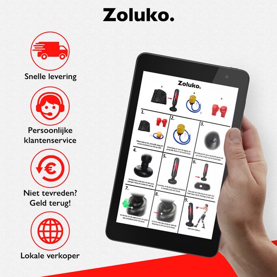 Zoluko Aufblasbarer Boxsack am Fuß - Inkl. Boxhandschuhe, Fußpumpe und E-Book - Indoor und Outdoor - Für Erwachsene und Kinder - Boxsack stehend oder am Fuß - Schwarz
