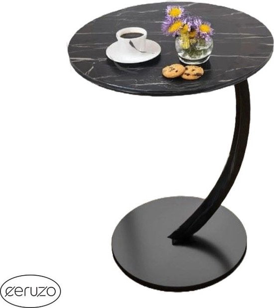 Ceruzo Beistelltisch - Schwarz marmorierte Platte - Rund 40 cm - Hoch 60 cm - Bank Tisch- C Form