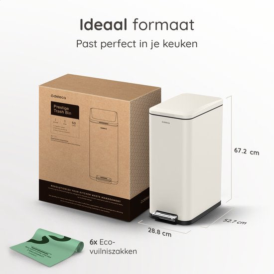 Deleca Abfalleimer Prestige - 50 Liter - Schmal - Edelstahl Mülleimer / Abfalleimer / Tret-Abfalleimer - Mit Fußpedal und Slow Close - Cremeweiß