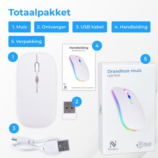 Nuvance - Kabellose Maus LED - Bluetooth - Ergonomisch - Laptop und Spiele - Kabellos - Weiß