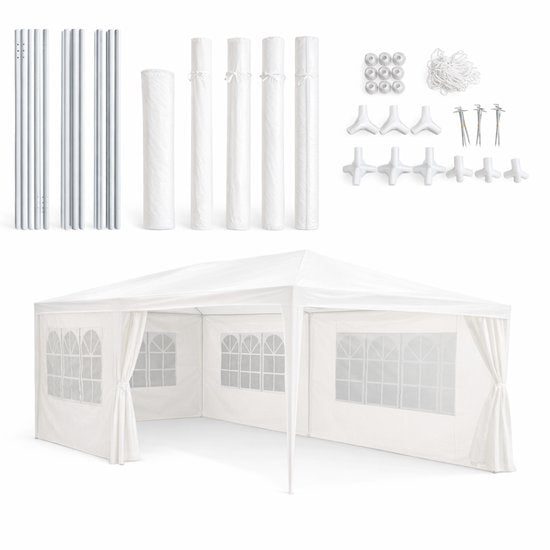 Kinzo Partyzelt 3 x 6 m – Zeltpavillon für 70 Personen – Gartenpavillon mit 6 Seitenwänden – Gartenzelt mit einer Firsthöhe von 2,5 m – Partyzelt, wasserdicht und UV-beständig – Weiß