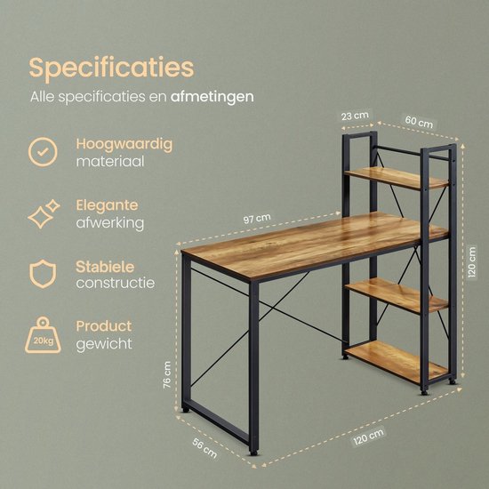 O'DADDY® Schreibtisch mit verstellbaren Füßen - Schreibtisch - Computertisch - Game Desk - Gaming Desk Small - Schreibtischmöbel - 120 x 60 cm - Bücherregal - Computertisch - Braun