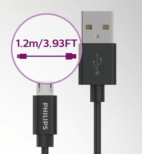 PHILIPS - USB-A zu Micro USB Kabel - DLC21030U - 1.2 Meter Kabel - Ersatzkabel - Schwarz