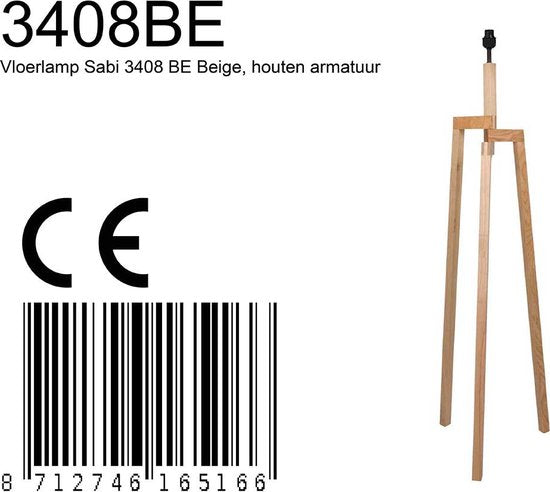 Stehlampe Sabi 3408BE – Holzlampe ohne Lampenschirm mit E27-Fassung, 144 cm hoch, höhenverstellbar – Mexlite
