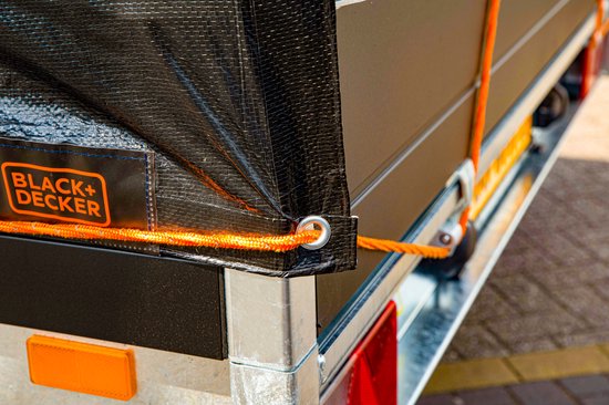 BLACK+DECKER Zurrgurt mit Oproller 20 Meter - Inkl. Zurrgurt Oproller - Zurrgurt - Transportseil - Elastisches Seil - mit reflektierenden Teilen - Transportmanagement - Nylon/ Kunststoff - Orange/Schwarz