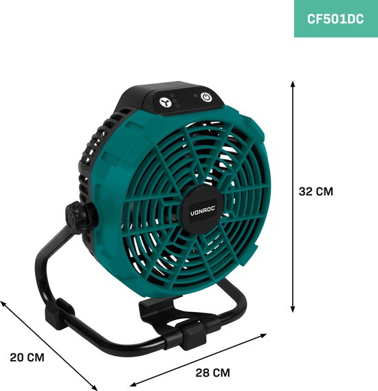 VONROC Fan 20V - für kabellosen und kabelgebundenen Einsatz - Inkl. Netzteil - Ohne Akku & Ladegerät