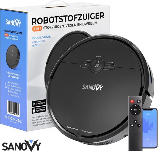 Sanovy 3 in 1 Staubsaugerroboter mit Wischfunktion - 1800 PA- Automatische Ladestation - Wischroboter - App