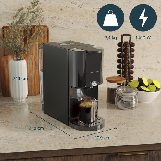 Princess 249454 Multi-Kapsel-Kaffeemaschine - 4 in 1 - Geeignet für Nespresso - Dolce Gusto Kapseln - Schwarz / Silber