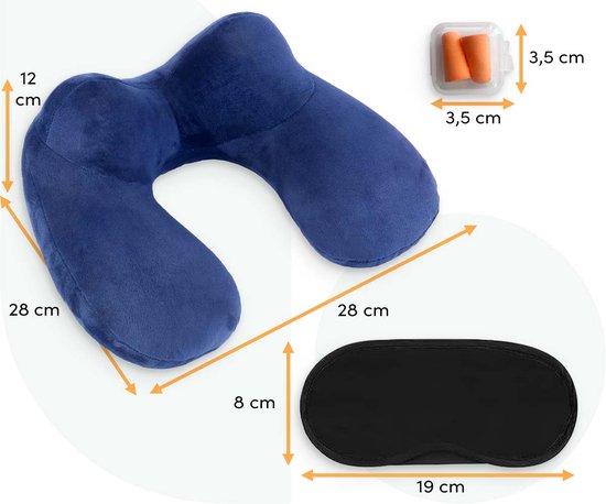 Aufblasbares Nackenkissen Set 3 in 1 mit Aufbewahrungsbeutel - Flugzeugkissen - Reisekissen - Samt - U-Form - Inklusive Schlafmaske und Ohrstöpsel - Blau