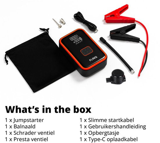 FlinQ 12V Starthilfe für Auto & Motorrad - 4-in-1 Luftkompressor, LED-Taschenlampe, SOS-Notleuchte & Powerbank - Elektrische Reifenpumpe - Starthilfe - inkl. Aufbewahrungstasche