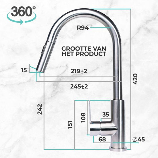 Mizzo Trigo Küchenarmatur mit herausziehbarer Handbrause - Hohe Mischbatterie 44 cm - Matt - Edelstahl