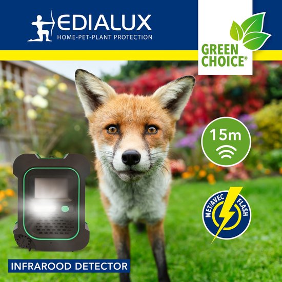 Edialux Ultrasonic Defend Foxes & Marters Flash, Ultraschall-Fuchs- und Marderabwehr mit Blitzlicht, schützt Ihren Garten sicher und effektiv, funktioniert mit Batterien oder mit Adapter, max 200 m²