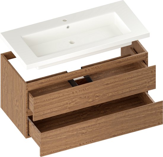 Mirlux Badmöbel Eiche Warm 100 cm - Waschbecken Weiß - Badmöbel-Set - Waschbeckenschrank Eiche Warm