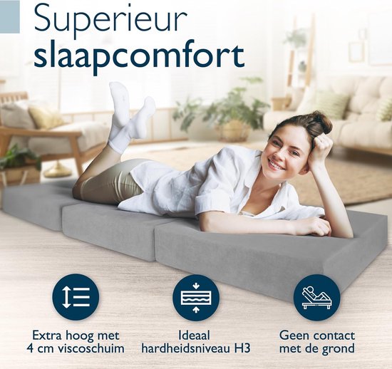 Beautissu VS95 - Premium-Faltmatratze L 80X200cm - Extra dicke 14cm Memory Foam Faltmatratze H3 - Waschbar - Einfacher Transport - Grau