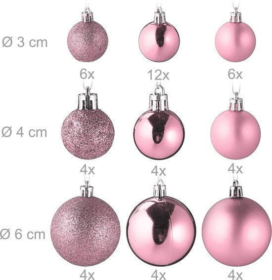 Weihnachtskugeln 100er Set - Kunststoff - matt - glänzend - glitzernd - 10 Motive - rosa