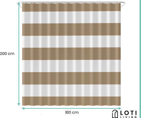Loti Living Duschvorhang Anti-Schimmel - Hellbraun gestreift - Inklusive Ringe - Wasserdicht - Polyester - Duschvorhang 180x200 cm
