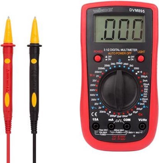 Velleman Digitalmultimeter, geeignet zur Messung von Wechselstrom/Gleichstrom, Wechselspannung/Gleichspannung, Widerstand, Kapazität, Dioden, Durchgang, Frequenz und Temperatur, inklusive Messleitungen