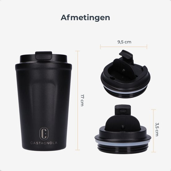 Castagnola Thermosbecher - Kaffeebecher To Go - Reisebecher für Kaffee und Tee - Teebecher - 380 ML - Edelstahl - Schwarz