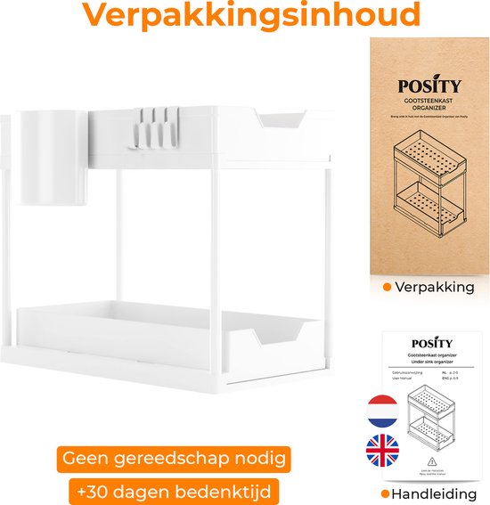 Posity Sink Cabinet Organizer - Kitchen Cabinet Organizer - Sliding Drawer - Cabinet Organizer - Bathroom Organizer - Countertop Organizer - 2 Pull-out Drawers - White