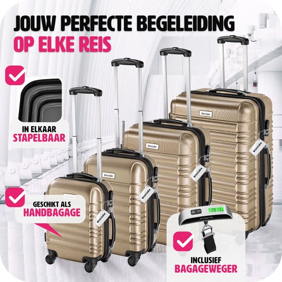 tectake - 4-teiliges Hartschalenkofferset - Reisekofferset mit Rollen - ABS - Teleskopgriff und Schloss - Inklusive Gepäckwaage - Trolleygrößen S-M-L-XL - Champagner