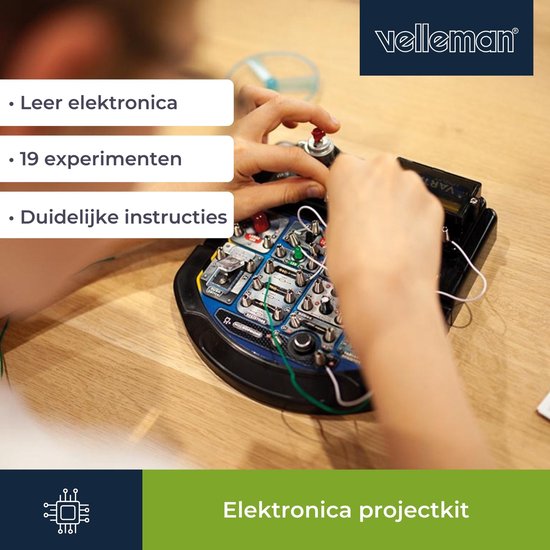 Velleman Elektronisches Projekt-Kit für Kinder ab 8 Jahren, entdecken Sie die Grundlagen der Elektronik mit 18 spannenden Experimenten, pädagogischen und interaktiven Spaß, LED, Lüfter und Sound