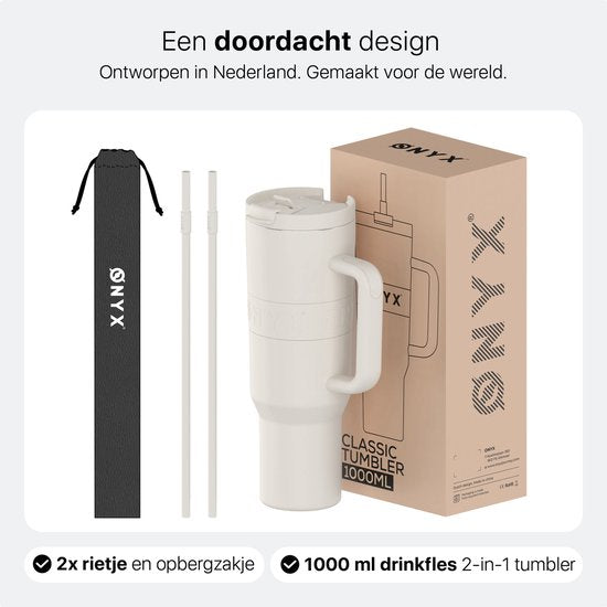 ONYX Trinkflasche mit Strohhalm 1 Liter - Trinkflasche für Kinder & Erwachsene - Thermoskanne Edelstahl-Reisebecher - Motivations-Trinker - Trinkbecher für die Schule - Coco White