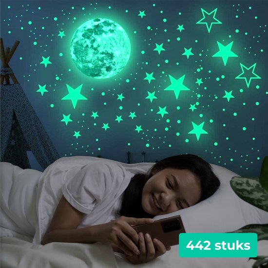 Nuvance - Glow in the Dark Sterne und Mond - 442 Stück - Wandaufkleber Kinderzimmer