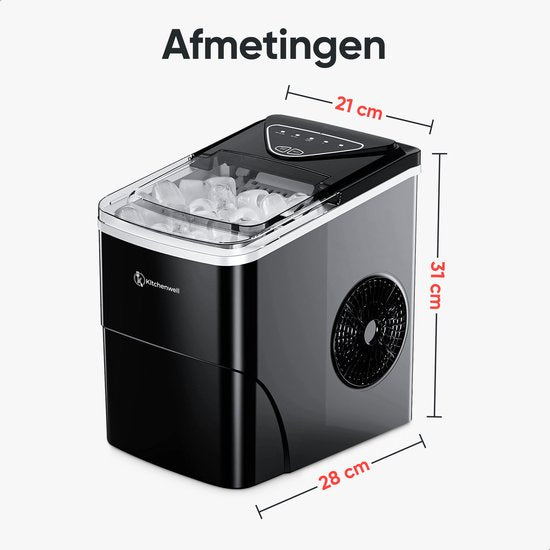 Kitchenwell Eiswürfelbereiter - 2L - Mit Eisportionierer - 12kg/24 Stunden - Selbstreinigungsfunktion - Schwarz