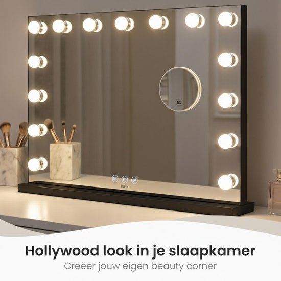 Bayt Hollywood-Spiegel mit Beleuchtung - Make-up-Spiegel mit Beleuchtung - Spiegel mit Beleuchtung - dimmbar - 10x Vergrößerung - 58x46cm - Schwarz