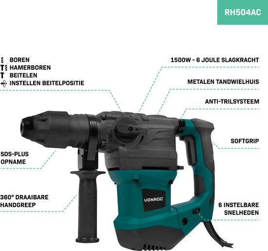 VONROC Bohrhammer 1500W - 6 Joule - Einstellbare Drehzahl - SDS plus - 4 Funktionen - Inkl. Bohrer & Meißel