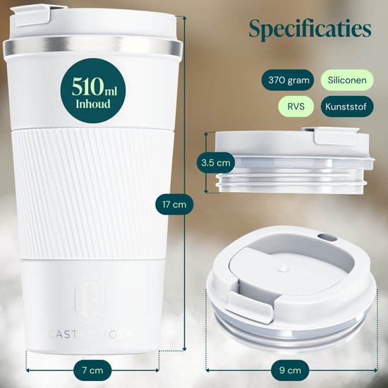 Castagnola Thermobecher – Kaffeebecher für unterwegs – Reisebecher für Kaffee und Tee – Teebecher – 510 ml – Edelstahl – Weiß
