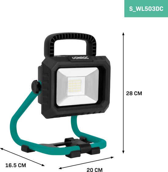 VONROC Akku-Bauleuchte 20V - LED - 20W - 2 Modi: 900/1800 Lumen - schwenkbar - breiter Abstrahlwinkel - Inkl. 2.0Ah Akku und Schnellladegerät