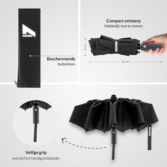 Nohrd Storm Umbrella - Schwarz - Regenschirm faltbar - Winddurchlässig - 140 km/h - Sturmschirme - Automatisches Auf- und Zusammenfalten - Regenschirme - inkl. Schutzhülle