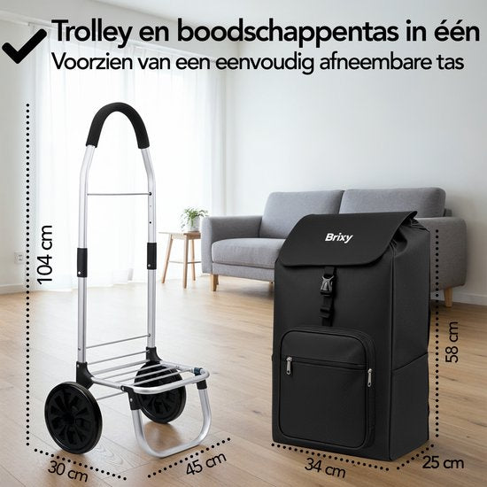 Brixy Einkaufswagen - Zusammenklappbar - Mit Rädern - Abnehmbare Einkaufstasche - Einkaufswagen - Schwarz