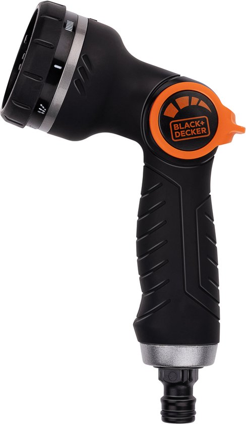 BLACK+DECKER Sprinklerkopf mit 3 Gartenschlauch-Kupplungen - Einstellbarer Wasserdurchfluss - Kunststoff - Schwarz/Orange