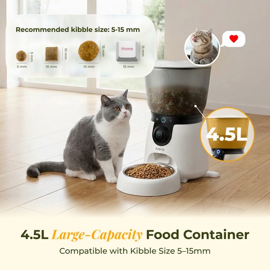 Arenti Petfeeder2 Automatischer Futterautomat 4 l mit beweglicher Kamera – 3-l-Trinkbrunnen – für Katzen und Hunde – intelligenter Futterautomat mit Kamera – 3 MP (2K) mit Nachtsicht – Zwei-Wege-Audio – Automatischer Futterspender mit App – Dualband-WLAN
